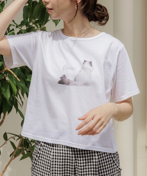 flower（フラワー）の「キャットプリントティーズ（Tシャツ/カットソー・レディース・ホワイト/ホワイト系その他・FREE）」の2枚目の写真