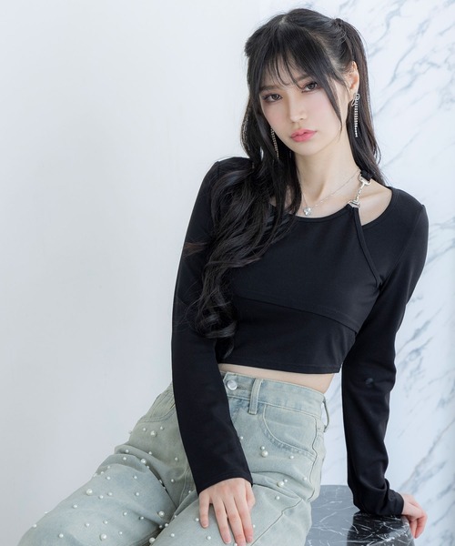 アパルトモン ワイド ルーズ 墨黒カットソー レイヤード セール】アシンメトリーレイヤードカットソー（Tシャツ
