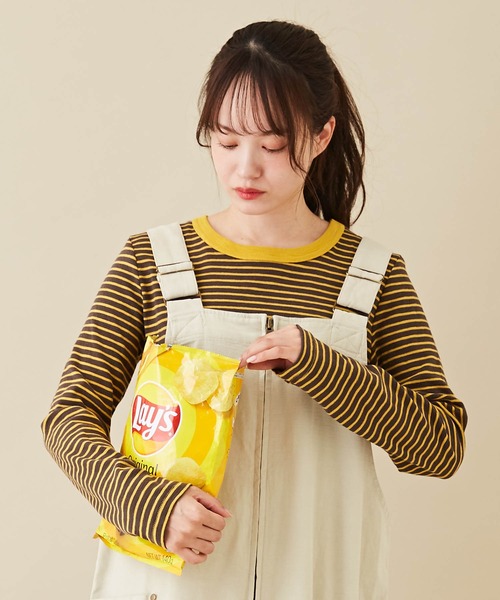 CUBE SUGAR（キューブシュガー）の「ショートスラブボーダー長袖クルーネックインナー（Tシャツ/カットソー・レディース・レッド系その他/ブラック/グリーン系その他/トップグレー/オレンジ/ブラウン・M）」の4枚目の写真