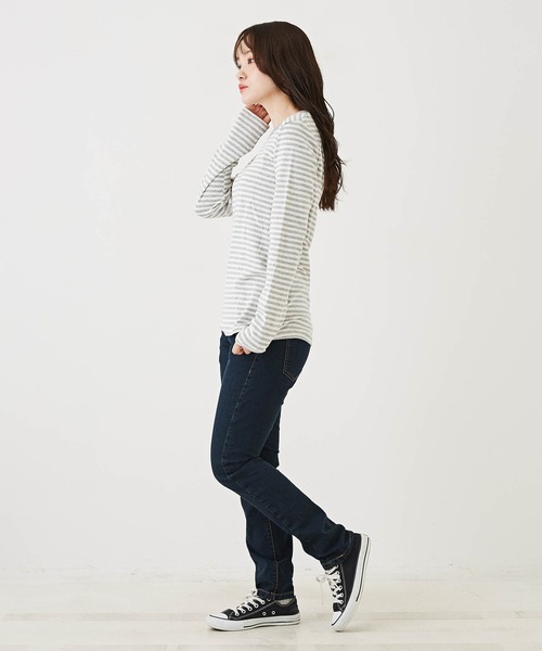 CUBE SUGAR（キューブシュガー）の「ショートスラブボーダー長袖クルーネックインナー（Tシャツ/カットソー・レディース・レッド系その他/ブラック/グリーン系その他/トップグレー/オレンジ/ブラウン・M）」の9枚目の写真