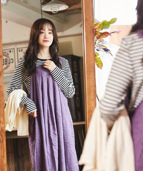 CUBE SUGAR（キューブシュガー）の「ショートスラブボーダー長袖クルーネックインナー（Tシャツ/カットソー・レディース・レッド系その他/ブラック/グリーン系その他/トップグレー/オレンジ/ブラウン・M）」の11枚目の写真