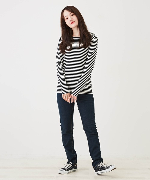 CUBE SUGAR（キューブシュガー）の「ショートスラブボーダー長袖クルーネックインナー（Tシャツ/カットソー・レディース・レッド系その他/ブラック/グリーン系その他/トップグレー/オレンジ/ブラウン・M）」の12枚目の写真