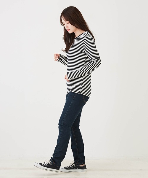 CUBE SUGAR（キューブシュガー）の「ショートスラブボーダー長袖クルーネックインナー（Tシャツ/カットソー・レディース・レッド系その他/ブラック/グリーン系その他/トップグレー/オレンジ/ブラウン・M）」の13枚目の写真