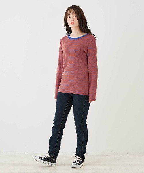 CUBE SUGAR（キューブシュガー）の「ショートスラブボーダー長袖クルーネックインナー（Tシャツ/カットソー・レディース・レッド系その他/ブラック/グリーン系その他/トップグレー/オレンジ/ブラウン・M）」の20枚目の写真