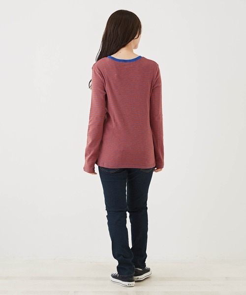 CUBE SUGAR（キューブシュガー）の「ショートスラブボーダー長袖クルーネックインナー（Tシャツ/カットソー・レディース・レッド系その他/ブラック/グリーン系その他/トップグレー/オレンジ/ブラウン・M）」の22枚目の写真