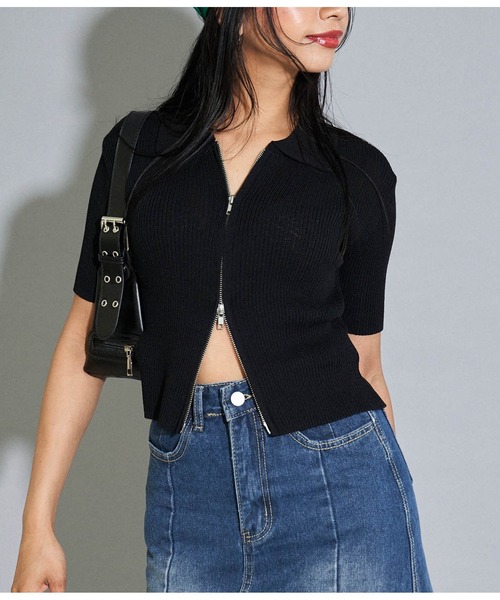 ANAP（アナップ）の「シアーリブ両ジップトップスカットソー（Tシャツ/カットソー・レディース・ブラック/グリーン/オフホワイト/レンガ・FREE）」の2枚目の写真