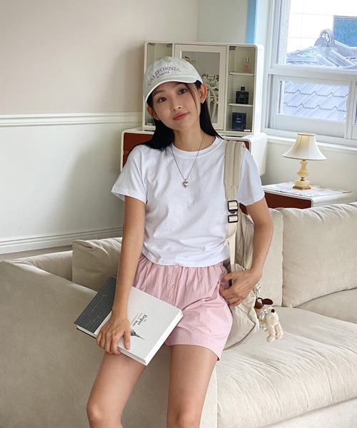 by muni:r(バイ ムニール)の「シャーリングクロップド半袖Tシャツ(Tシャツ/カットソー・レディース・ブラック/グレー/ピンク/ホワイト/イエロー・FREE)」の8枚目の写真