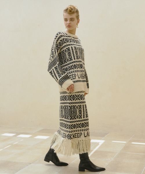 manana suerte(マニャーナスエルテ)の「セットアップ対応 カウチン柄ニットスカート(スカート・レディース・オフホワイト/グリーン/ブラック・FREE)」の4枚目の写真