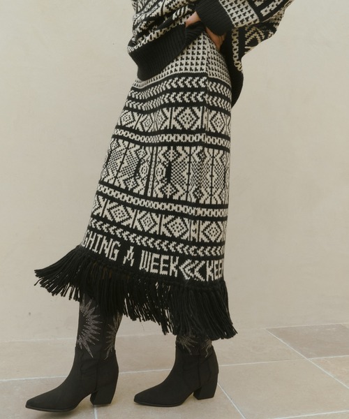 manana suerte(マニャーナスエルテ)の「セットアップ対応 カウチン柄ニットスカート(スカート・レディース・オフホワイト/グリーン/ブラック・FREE)」の10枚目の写真