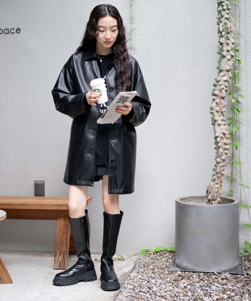 WEGO（ウィゴー）の「WEGO/フェイクレザーカーコート（ライダースジャケット・レディース・ブラック/オリーブ・FREE）」の3枚目の写真