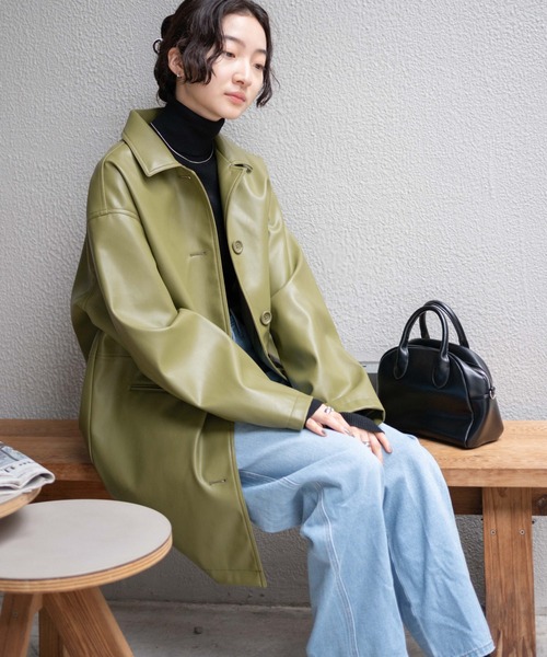 WEGO（ウィゴー）の「WEGO/フェイクレザーカーコート（ライダースジャケット・レディース・ブラック/オリーブ・FREE）」の15枚目の写真