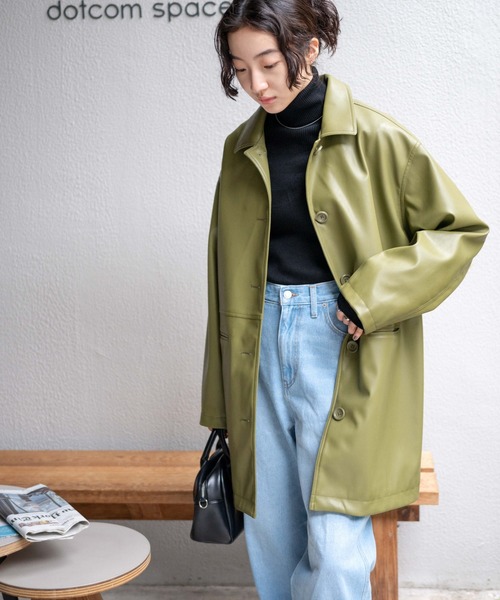 WEGO（ウィゴー）の「WEGO/フェイクレザーカーコート（ライダースジャケット・レディース・ブラック/オリーブ・FREE）」の16枚目の写真