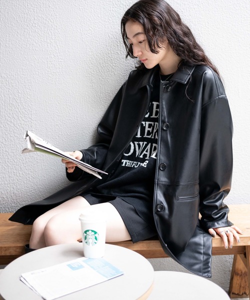 WEGO（ウィゴー）の「WEGO/フェイクレザーカーコート（ライダースジャケット・レディース・ブラック/オリーブ・FREE）」の11枚目の写真