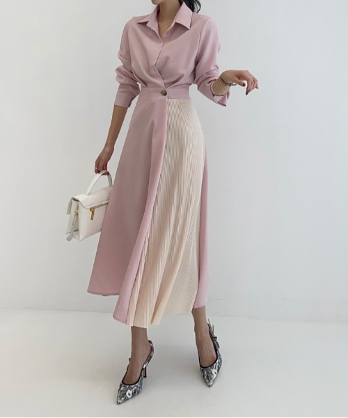 セール】バイカラープリーツ切り替えワンピース（ワンピース）｜N.s  