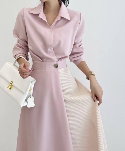 2323R ブロッキングメッシュワンピース シャツワンピース バイカラー  