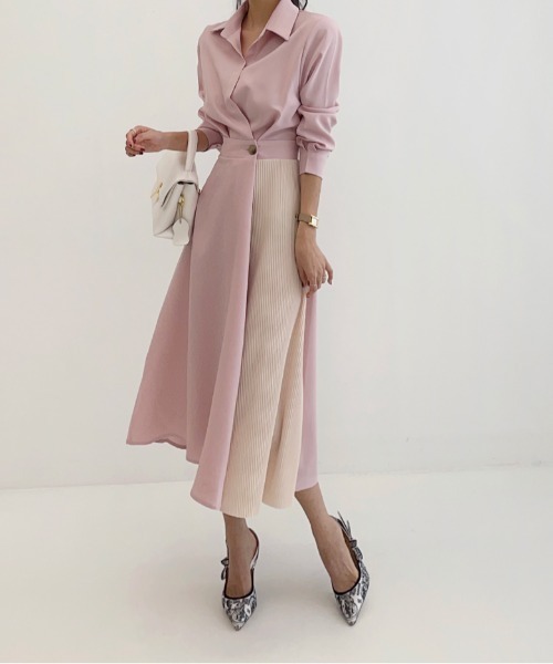 セール】バイカラープリーツ切り替えワンピース（ワンピース）｜N.s