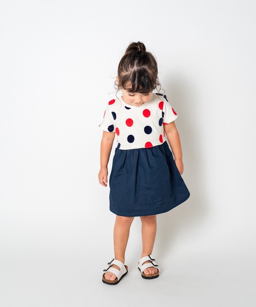 Moujonjon（ムージョンジョン）の「水玉ジャガード切替ワンピース（ワンピース・キッズ・ネイビー/オフホワイト・90/100/110/120/80/130/140）」の9枚目の写真