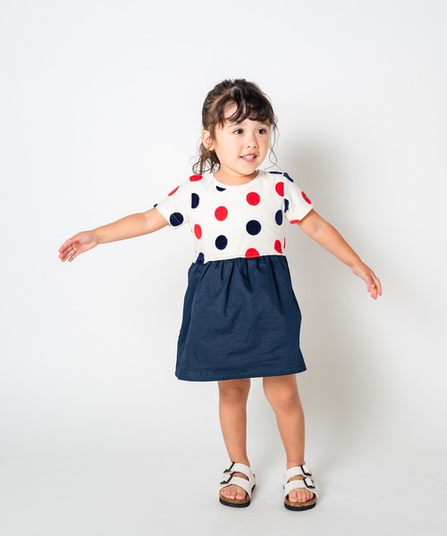Moujonjon（ムージョンジョン）の「水玉ジャガード切替ワンピース（ワンピース・キッズ・ネイビー/オフホワイト・90/100/110/120/80/130/140）」の10枚目の写真