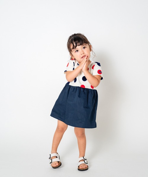 Moujonjon（ムージョンジョン）の「水玉ジャガード切替ワンピース（ワンピース・キッズ・ネイビー/オフホワイト・90/100/110/120/80/130/140）」の11枚目の写真