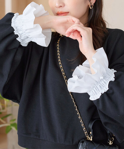 KOBE LETTUCE（コウベレタス）の「袖ギャザーフリルスウェットトップス（スウェット・レディース・グリーン/ブラック/グレー・M）」の2枚目の写真