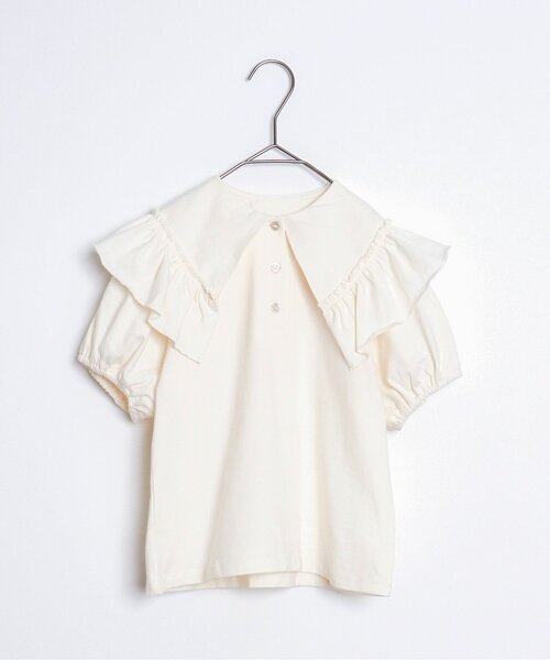 p.premier(ピードットプルミエ)の「おおきいフリル衿のパフスリーブプルオーバー(Tシャツ/カットソー・キッズ・オフホワイト/ブラック/オリーブ・80/90/100/110/120/130/140)」の2枚目の写真