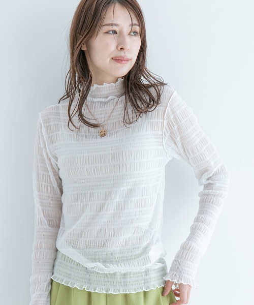 Jayro（ジャイロ）の「スモッキングレース シアーハイネック（Tシャツ/カットソー・レディース・ブルー/オフホワイト/ホワイト/ブラック・M）」の6枚目の写真