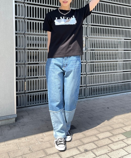 Meli rich（メリーリッチ）の「箔プリントLAUGH英字ロゴ消しコンパクトT（Tシャツ/カットソー・レディース・ブラック×シルバー/ホワイト×シルバー・FREE）」の18枚目の写真