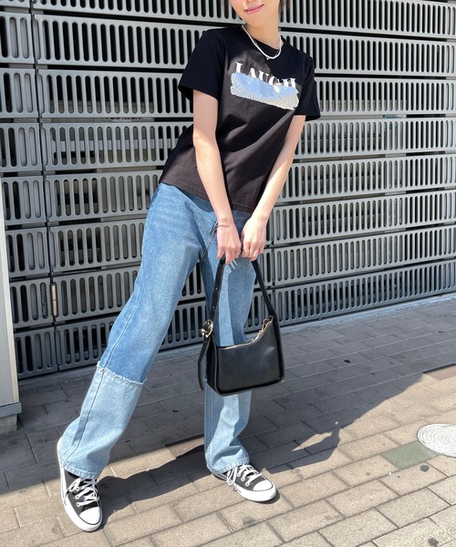 Meli rich（メリーリッチ）の「箔プリントLAUGH英字ロゴ消しコンパクトT（Tシャツ/カットソー・レディース・ブラック×シルバー/ホワイト×シルバー・FREE）」の19枚目の写真