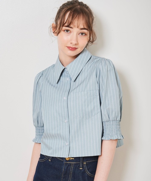 31 Sons de mode（トランテアン　ソン　ドゥ　モード）の「シャーリング袖クロップドシャツ（シャツ/ブラウス・レディース・ネイビー/ライトグリーン/オフホワイト・36）」の2枚目の写真