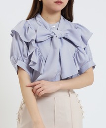 ストライプボウタイフリルブラウス