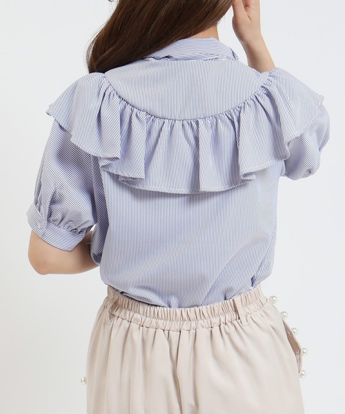 ASTORIA ODIER（アストリアオディール）の「ストライプボウタイフリルブラウス（シャツ/ブラウス・レディース・ブルー/ブラック・MEDIUM）」の4枚目の写真