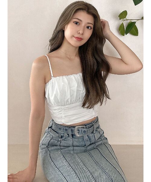 GYDA（ジェイダ）の「ギャザーショートブラウス（キャミソール・レディース・ブラック/オフホワイト・FREE）」の4枚目の写真