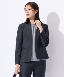 ノーカラージャケット（ブルー・ネイビー/青色系）ファッション