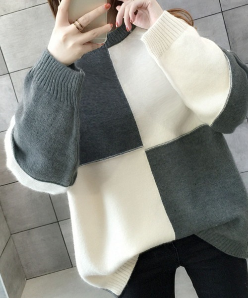 Kuroba(クロバ)の「ブロックチェック柄ニットトップス(ニット/セーター・レディース・チャコールグレー/ピンク/ベージュ/ブルー・FREE)」の5枚目の写真