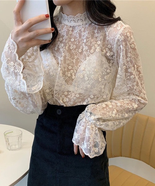 Lace Ladies(レースレディース)の「シアー 花柄 レース ハイネック ブラウス(その他トップス・レディース・ホワイト/アイボリー・XL/M/S)」の2枚目の写真