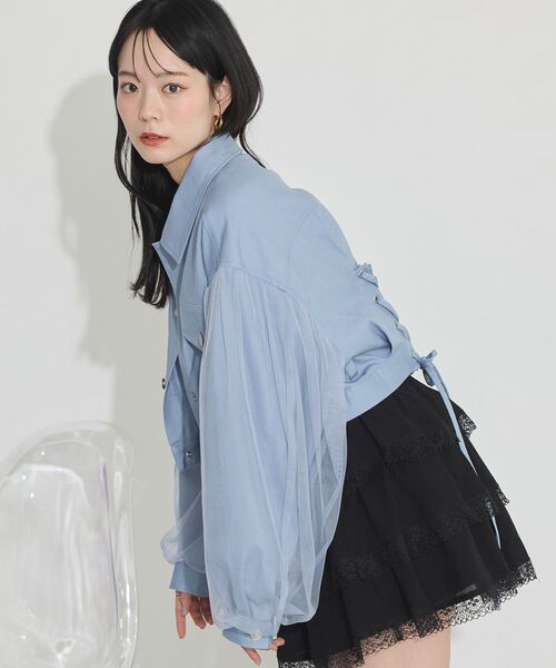 セール】チュールレイヤードバックレースアップジャケット（デニム