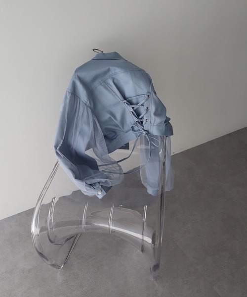 earth music&ecology（アースミュージックアンドエコロジー）の「チュールレイヤードバックレースアップジャケット（デニムジャケット・レディース・アイボリー/ブルー・FREE）」の19枚目の写真