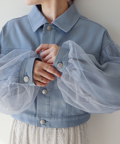 earth music&ecology（アースミュージックアンドエコロジー）の「チュールレイヤードバックレースアップジャケット（デニムジャケット・レディース・アイボリー/ブルー・FREE）」の21枚目の写真