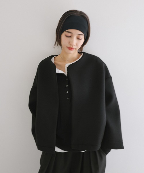 AD2008 丸襟ウールジャケット ラウンドカラー 黒 ショート 短丈 セール】ダンボール ショート ジャケット（ノーカラージャケット