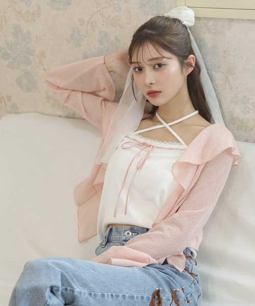 one after another NICE CLAUP（ワンアフターアナザーナイスクラップ）の「キャミ付きフリルカーディガン（アンサンブル・レディース・オフホワイト/ブラック/ピンク/ホワイト系その他・FREE）」の4枚目の写真