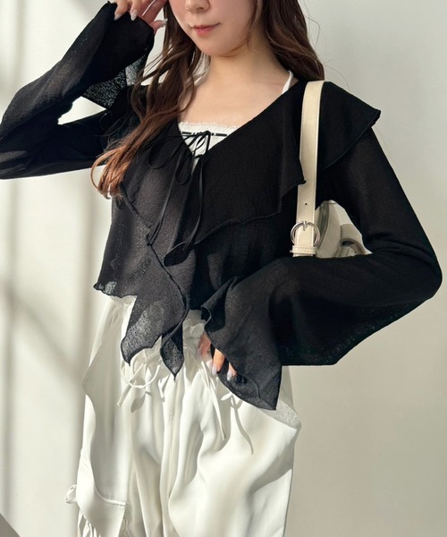 one after another NICE CLAUP（ワンアフターアナザーナイスクラップ）の「キャミ付きフリルカーディガン（アンサンブル・レディース・オフホワイト/ブラック/ピンク/ホワイト系その他・FREE）」の3枚目の写真