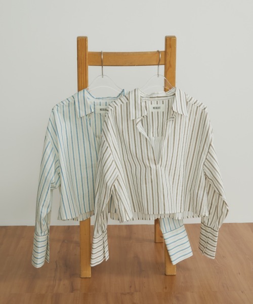 MERLOT(メルロー)の「【動画あり】マルチストライプショートスキッパーシャツ(シャツ/ブラウス・レディース・ブルー/ベージュ・FREE)」の3枚目の写真