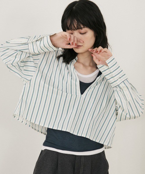 MERLOT(メルロー)の「【動画あり】マルチストライプショートスキッパーシャツ(シャツ/ブラウス・レディース・ブルー/ベージュ・FREE)」の5枚目の写真