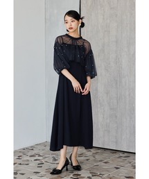 パールチュールパフスリーブボレロフレアドレスワンピース結婚式パーティー二次会 セール】【LEJA】パールチュールパフスリーブボレロフレアドレス
