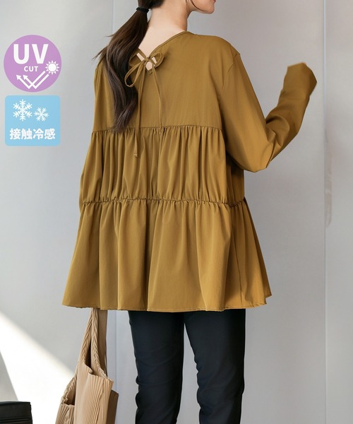 TeddyShop（テディショップ）の「【紫外線カット率99%以上/接触・急速冷感/体型カバー】レディース水着 長袖ラッシュガードティアードトップス+スリットレギンス+ショーツ 3点セット [大きいサイズ有]（水着・レディース・キャメル/カーキ/チャコールグレー/ホワイト・L/M/LL/3L/S）」の4枚目の写真