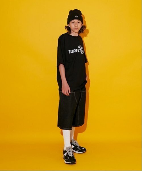 GLAZOS（グラソス）の「【大人向けサイズあり】ダブルニーペインターバギーショーツ_GLSW（デニムパンツ・キッズ・ダークブルー/ブラック・S/LL/M/L）」の6枚目の写真