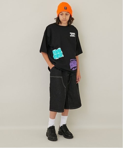 GLAZOS（グラソス）の「【大人向けサイズあり】ダブルニーペインターバギーショーツ_GLSW（デニムパンツ・キッズ・ダークブルー/ブラック・S/LL/M/L）」の4枚目の写真