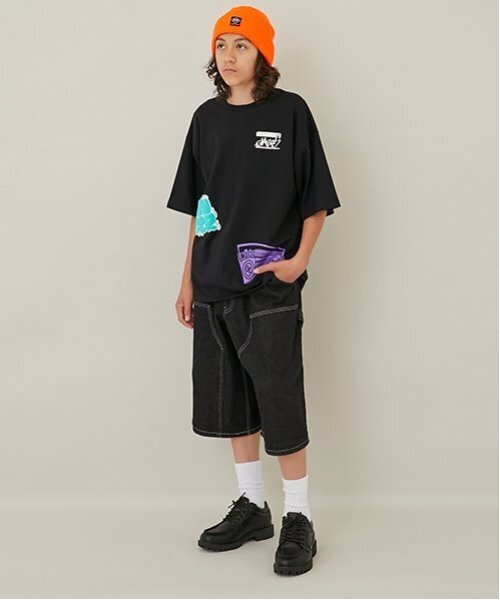 GLAZOS（グラソス）の「【大人向けサイズあり】ダブルニーペインターバギーショーツ_GLSW（デニムパンツ・キッズ・ダークブルー/ブラック・S/LL/M/L）」の3枚目の写真