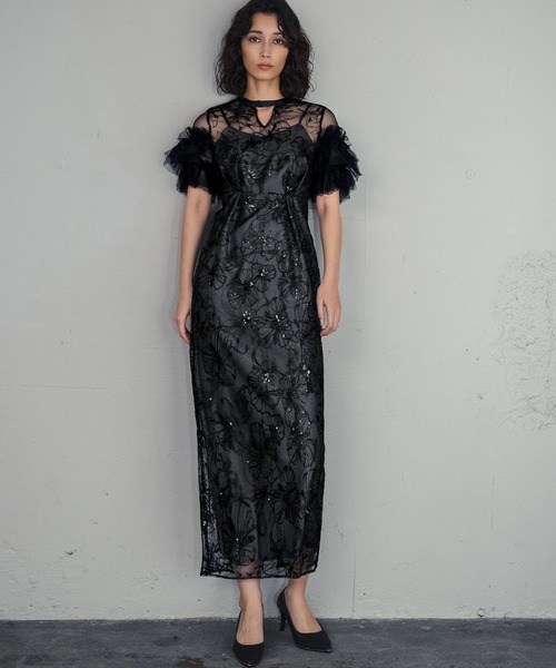 セール】キーネック スパンコール刺繍 チュール エンブロイダリー