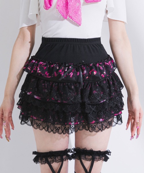 Diable baiser（ディアブルベーゼ）の「花柄レースティアードミニスカート【大きいサイズ有】（スカート・レディース・ブラック系その他/ブラック/ピンク・SMALL/MEDIUM/LARGE/LL）」の4枚目の写真
